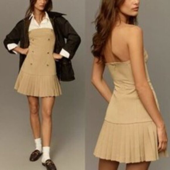 Maeve Strapless Pleated Trench Dress L Beige Mini Stretch Anthropologie NEW - Picture 3 of 11